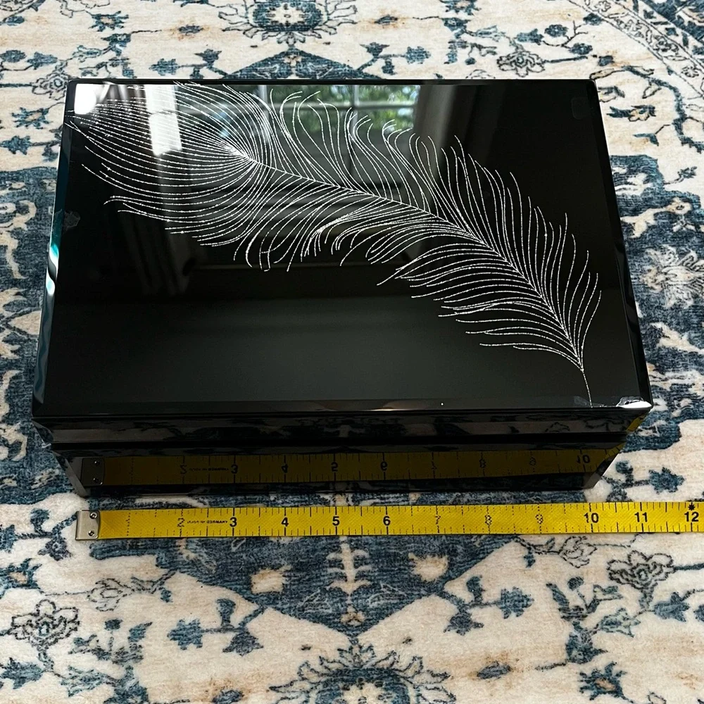 Max Studio Lacquered Black Silver Sparkle Feather Feminine Jewelry Box Organizer
